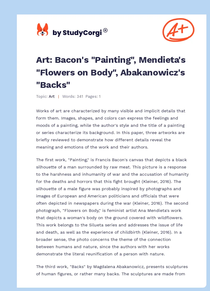 Art: Bacon's "Painting", Mendieta's "Flowers on Body", Abakanowicz's "Backs". Page 1