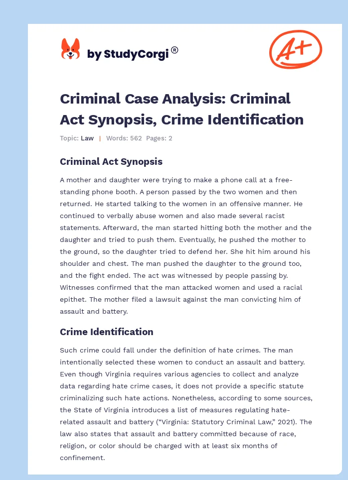 Criminal Case Analysis: Criminal Act Synopsis, Crime Identification. Page 1
