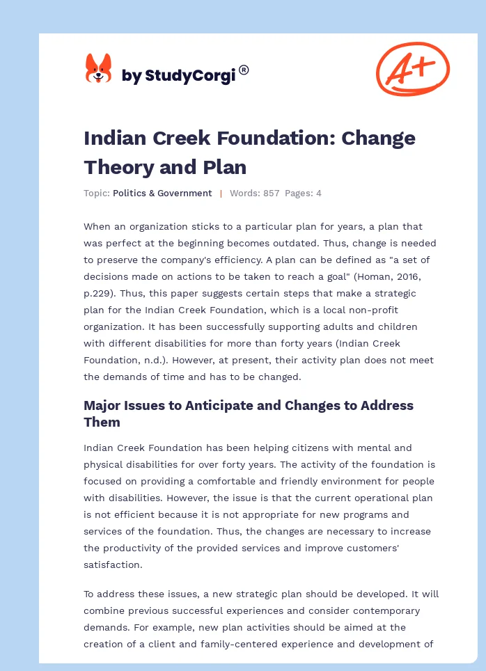 Indian Creek Foundation: Change Theory and Plan. Page 1