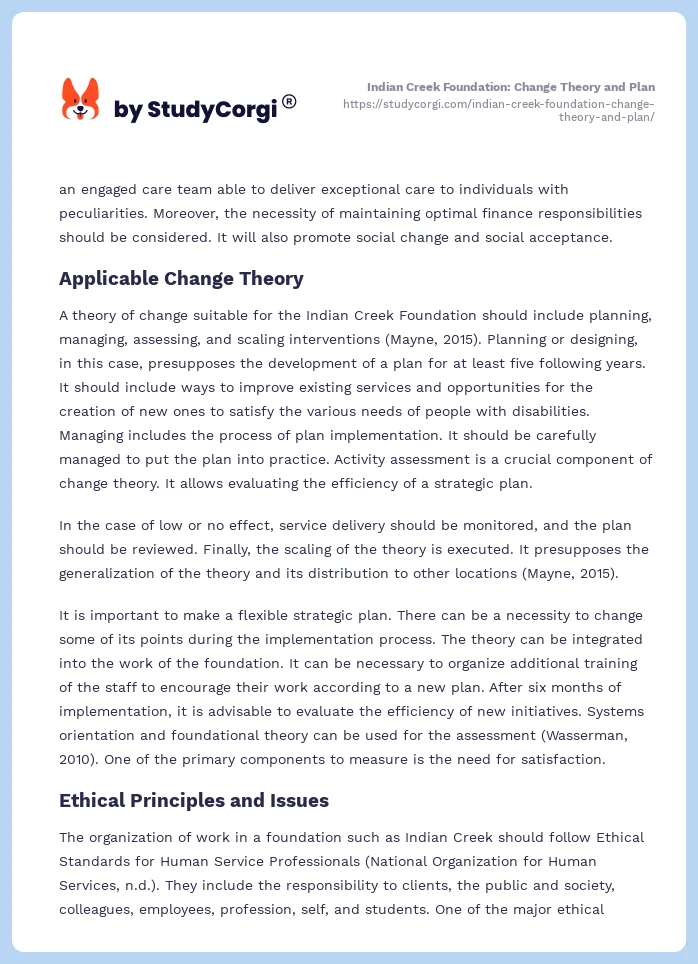 Indian Creek Foundation: Change Theory and Plan. Page 2