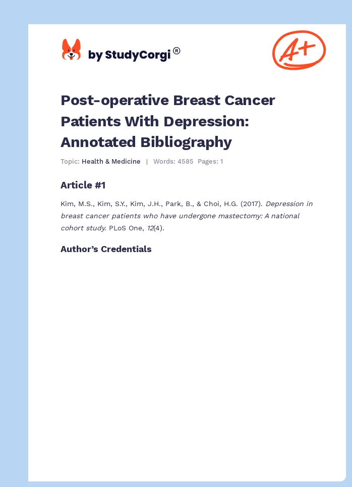 Post-operative Breast Cancer Patients With Depression: Annotated Bibliography. Page 1