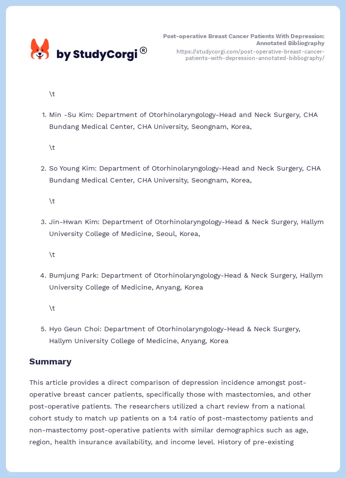 Post-operative Breast Cancer Patients With Depression: Annotated Bibliography. Page 2