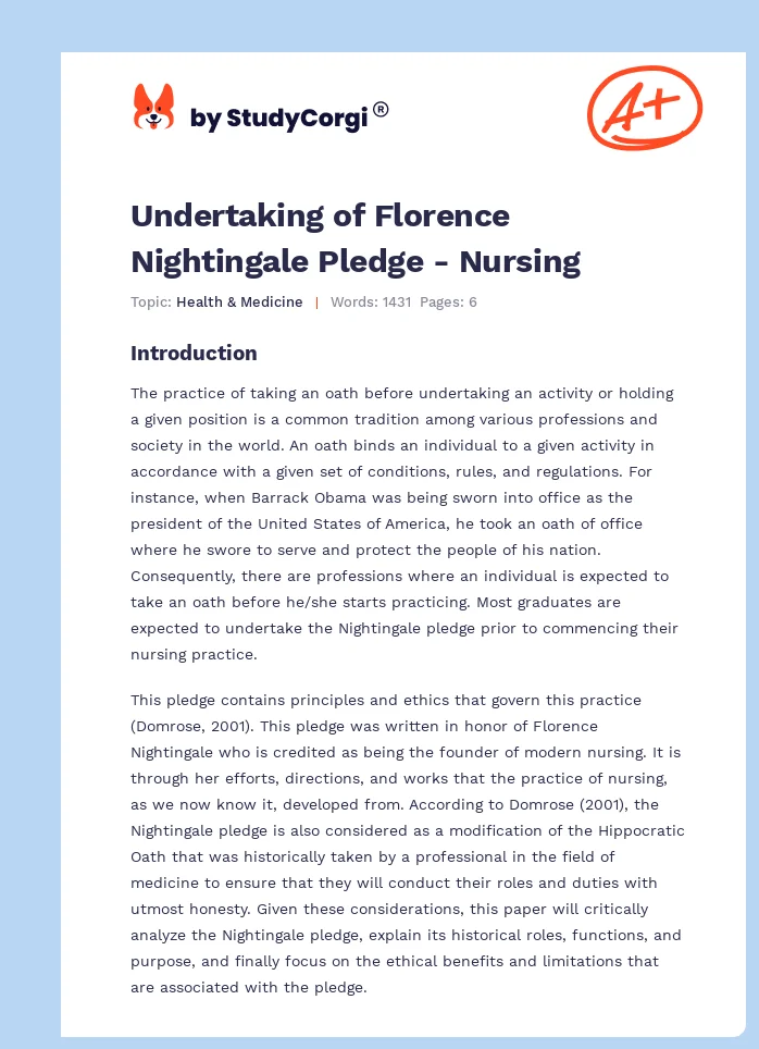 Undertaking of Florence Nightingale Pledge - Nursing. Page 1