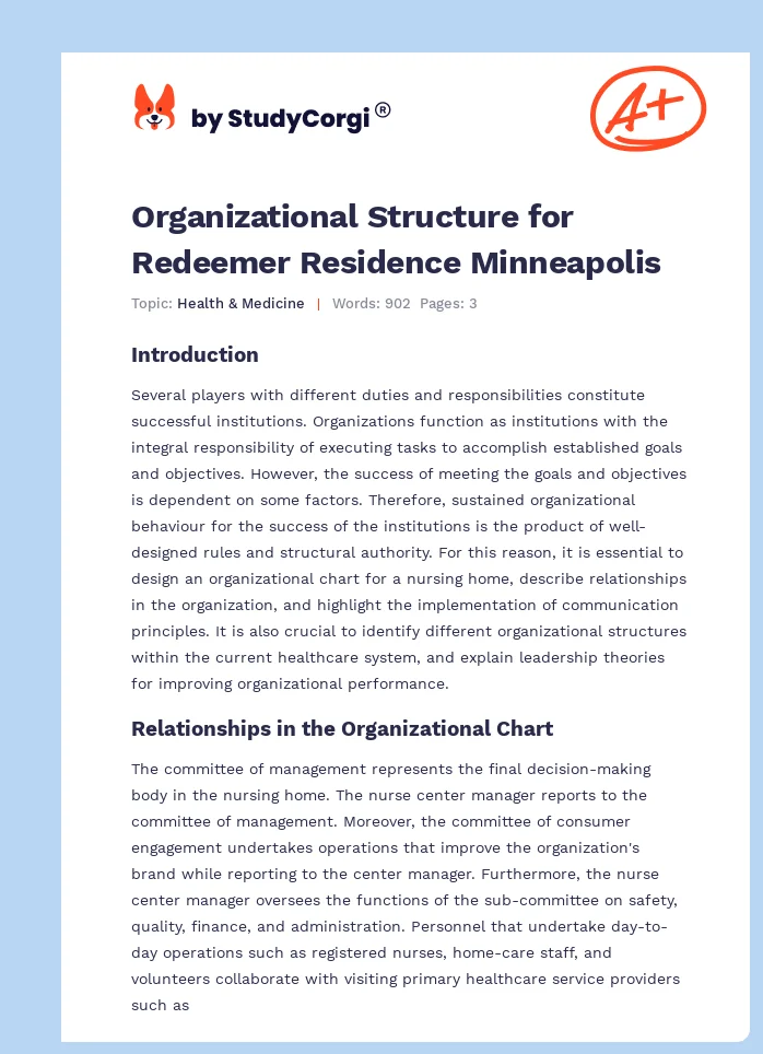 Organizational Structure for Redeemer Residence Minneapolis. Page 1