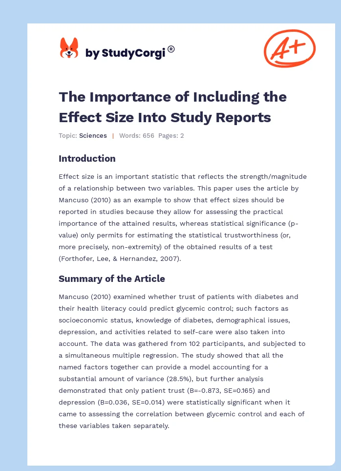 The Importance of Including the Effect Size Into Study Reports. Page 1