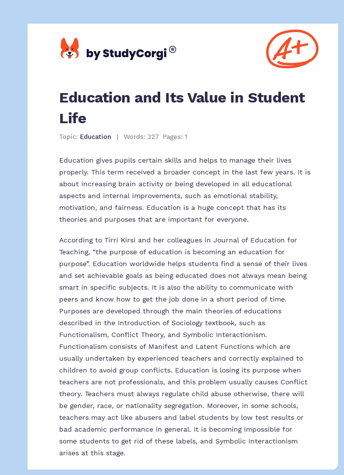 Education and Its Value in Student Life. Page 1