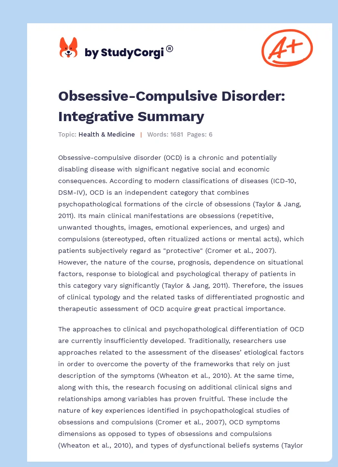 Obsessive-Compulsive Disorder: Integrative Summary. Page 1