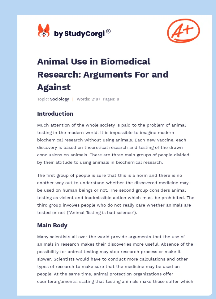 Animal Use in Biomedical Research: Arguments For and Against. Page 1