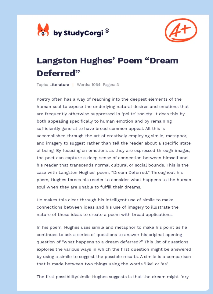 Langston Hughes’ Poem “Dream Deferred”. Page 1