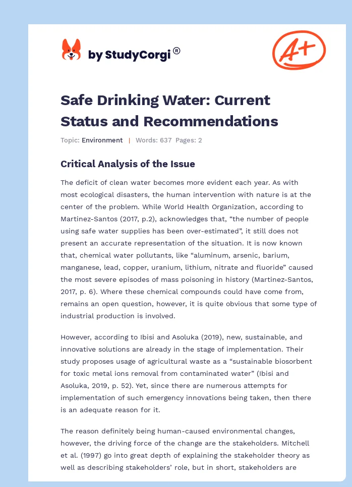 Safe Drinking Water: Current Status and Recommendations. Page 1