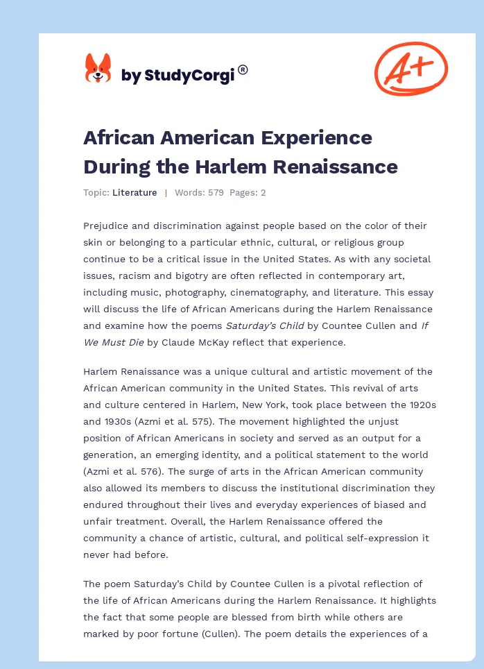 African American Experience During the Harlem Renaissance. Page 1