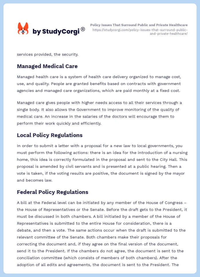 Policy Issues That Surround Public and Private Healthcare. Page 2
