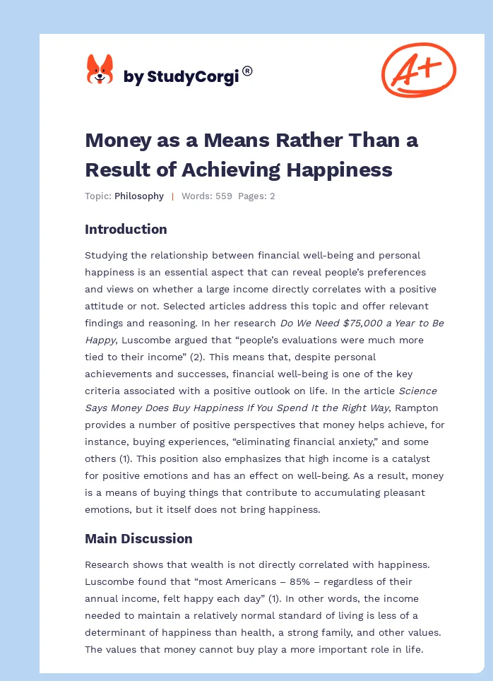 Money as a Means Rather Than a Result of Achieving Happiness. Page 1