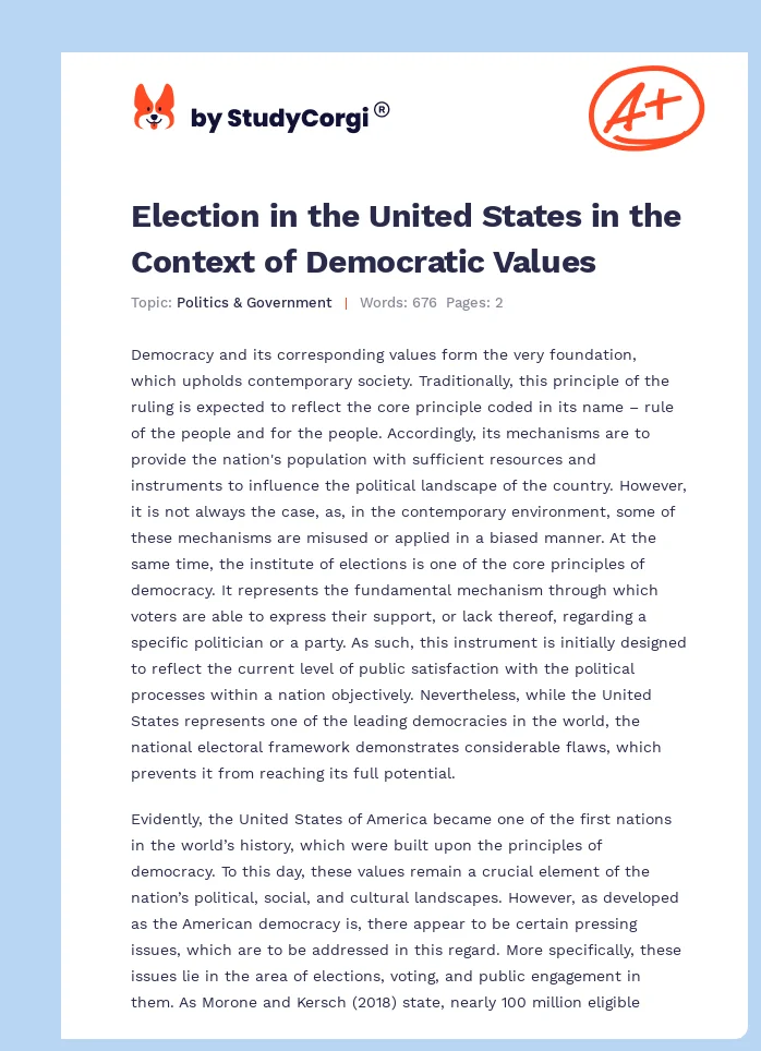 Election in the United States in the Context of Democratic Values. Page 1