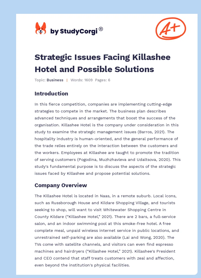 Strategic Issues Facing Killashee Hotel and Possible Solutions. Page 1