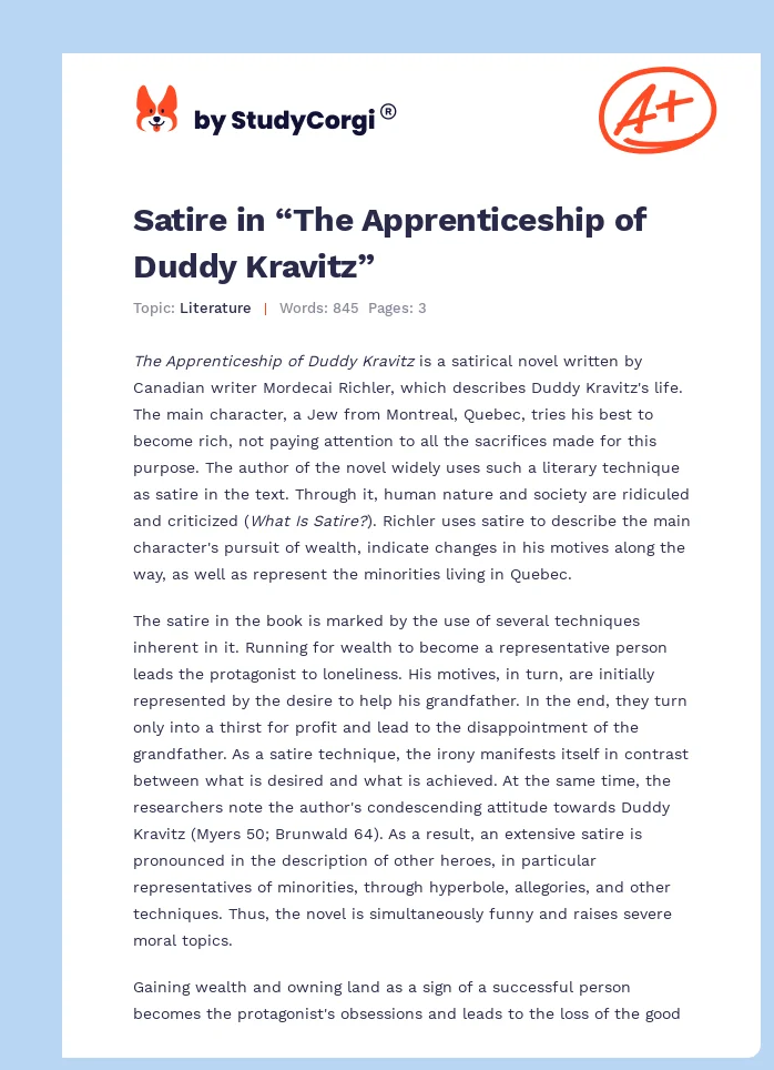 Satire in “The Apprenticeship of Duddy Kravitz”. Page 1
