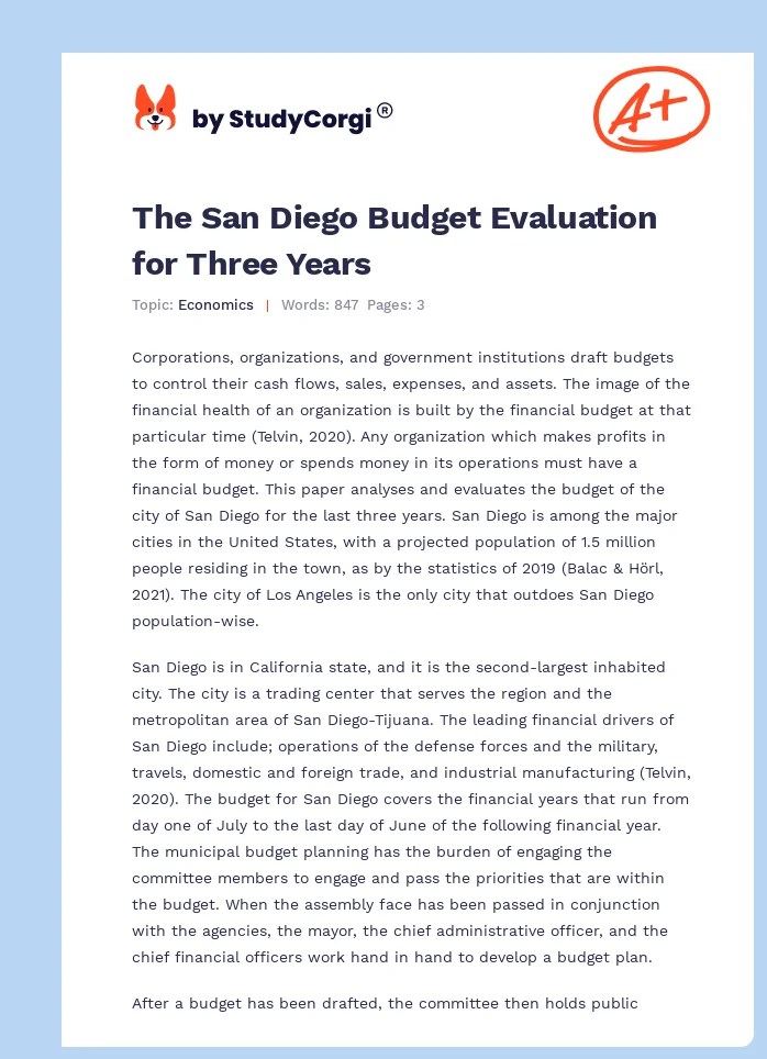 The San Diego Budget Evaluation for Three Years. Page 1