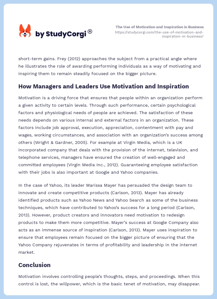 The Use of Motivation and Inspiration in Business. Page 2