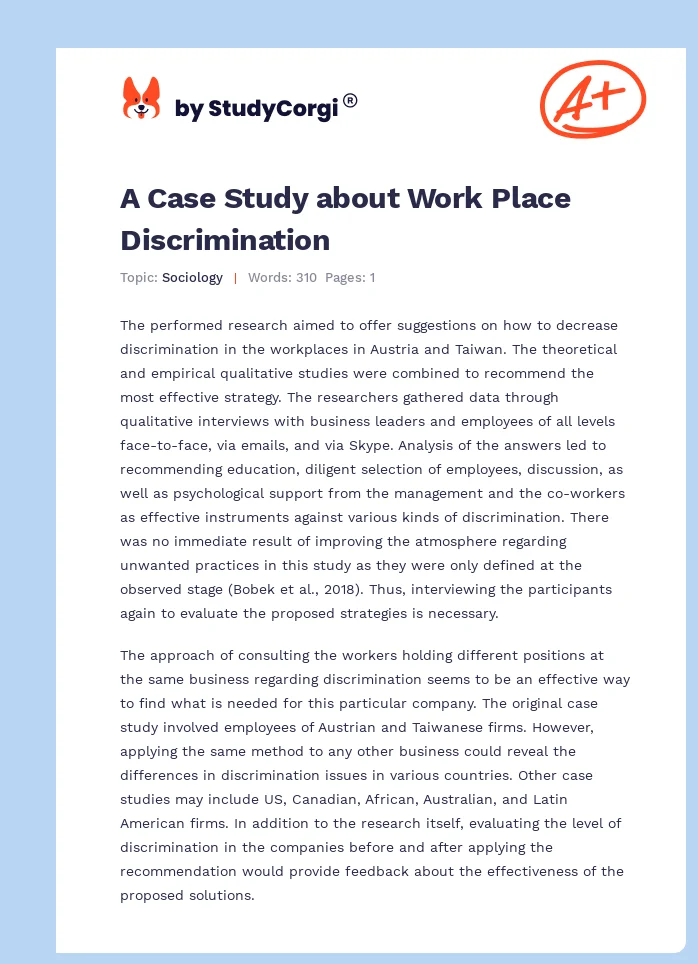 A Case Study about Work Place Discrimination. Page 1