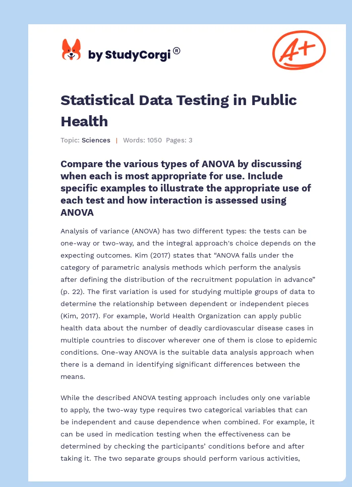 Statistical Data Testing in Public Health. Page 1