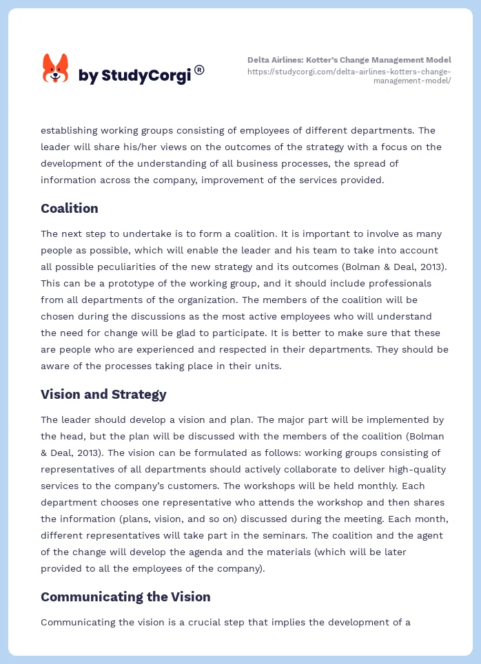 Delta Airlines: Kotter’s Change Management Model. Page 2