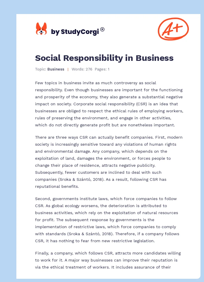 Social Responsibility in Business. Page 1