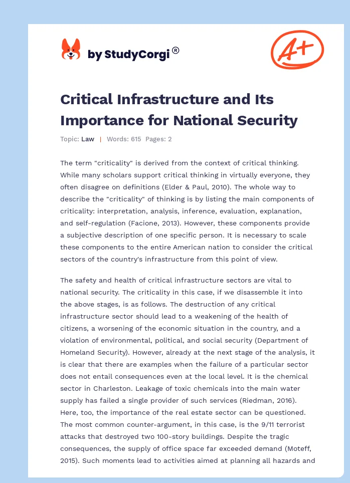 Critical Infrastructure and Its Importance for National Security. Page 1