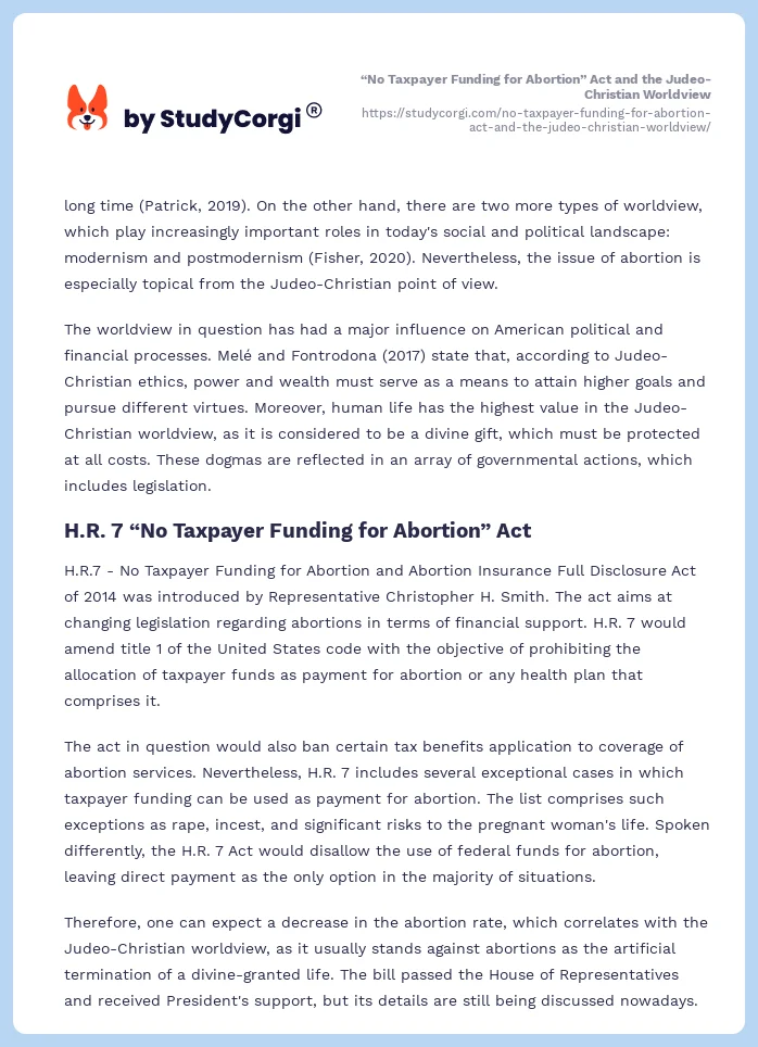 “No Taxpayer Funding for Abortion” Act and the Judeo-Christian Worldview. Page 2