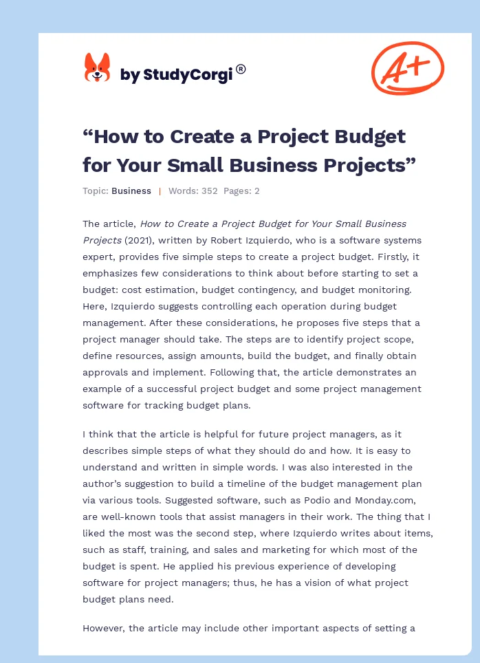 “How to Create a Project Budget for Your Small Business Projects”. Page 1