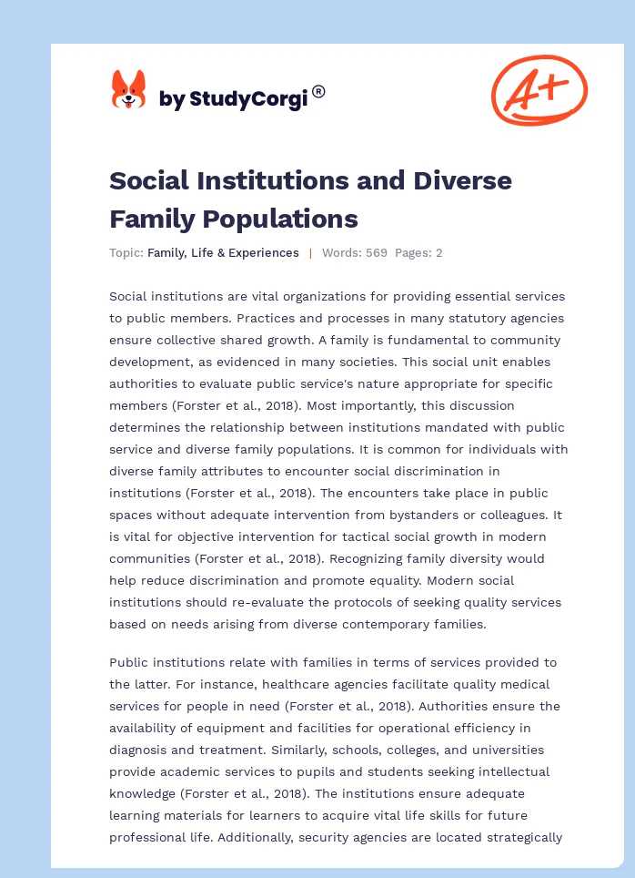 Social Institutions and Diverse Family Populations. Page 1