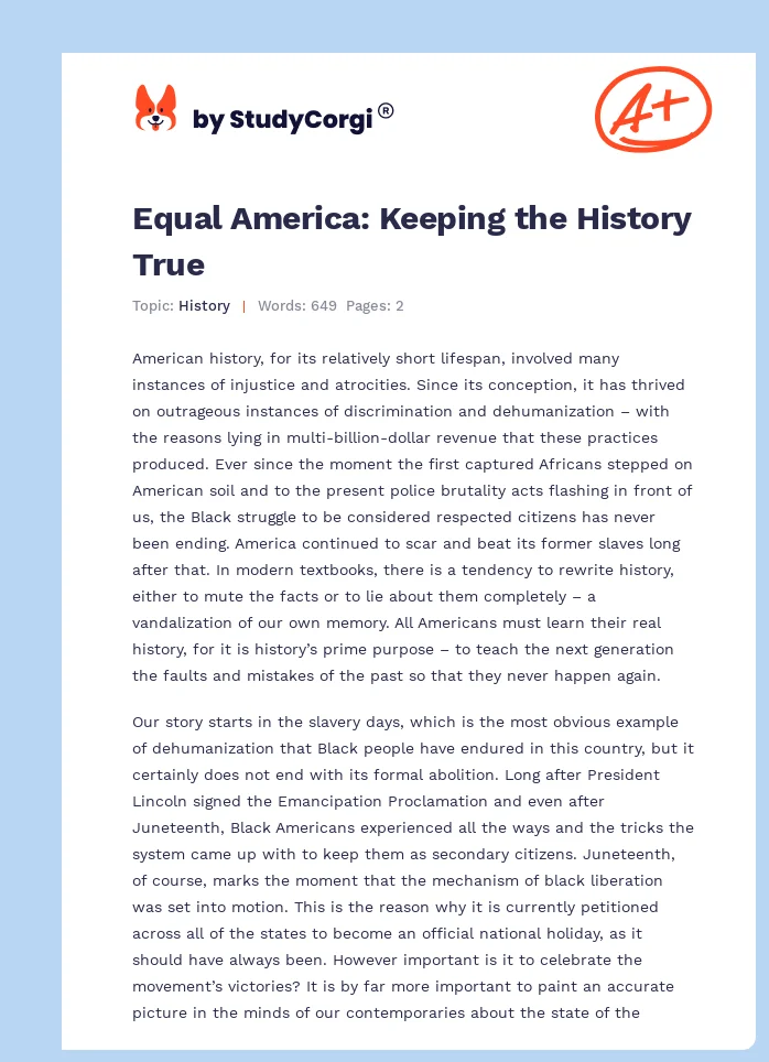Equal America: Keeping the History True. Page 1