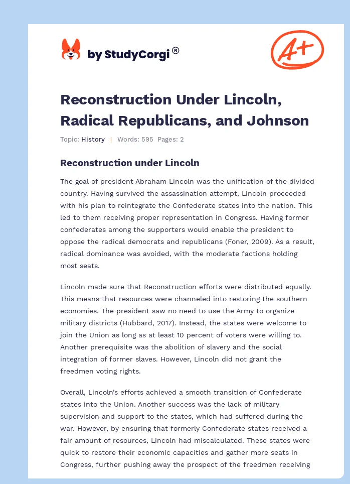 Reconstruction Under Lincoln, Radical Republicans, and Johnson. Page 1