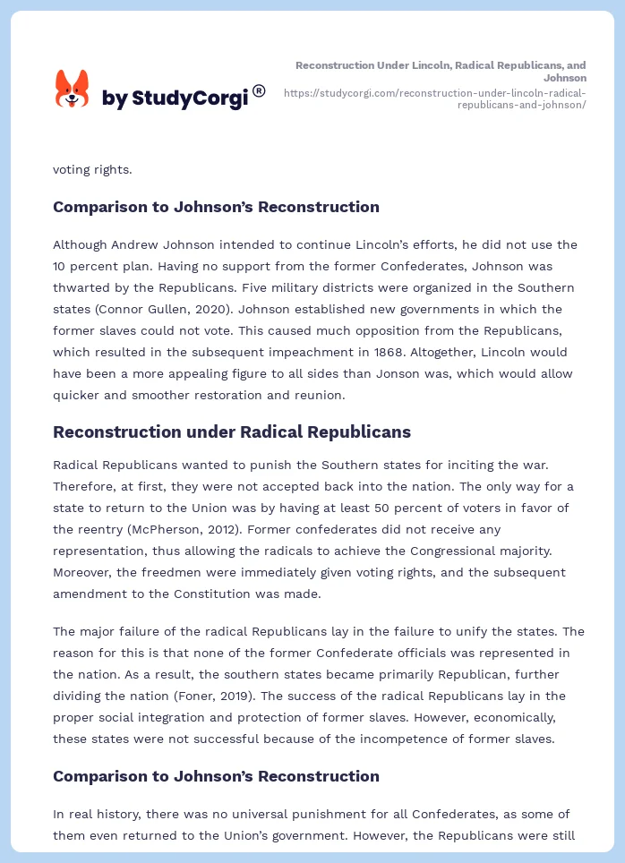 Reconstruction Under Lincoln, Radical Republicans, and Johnson. Page 2