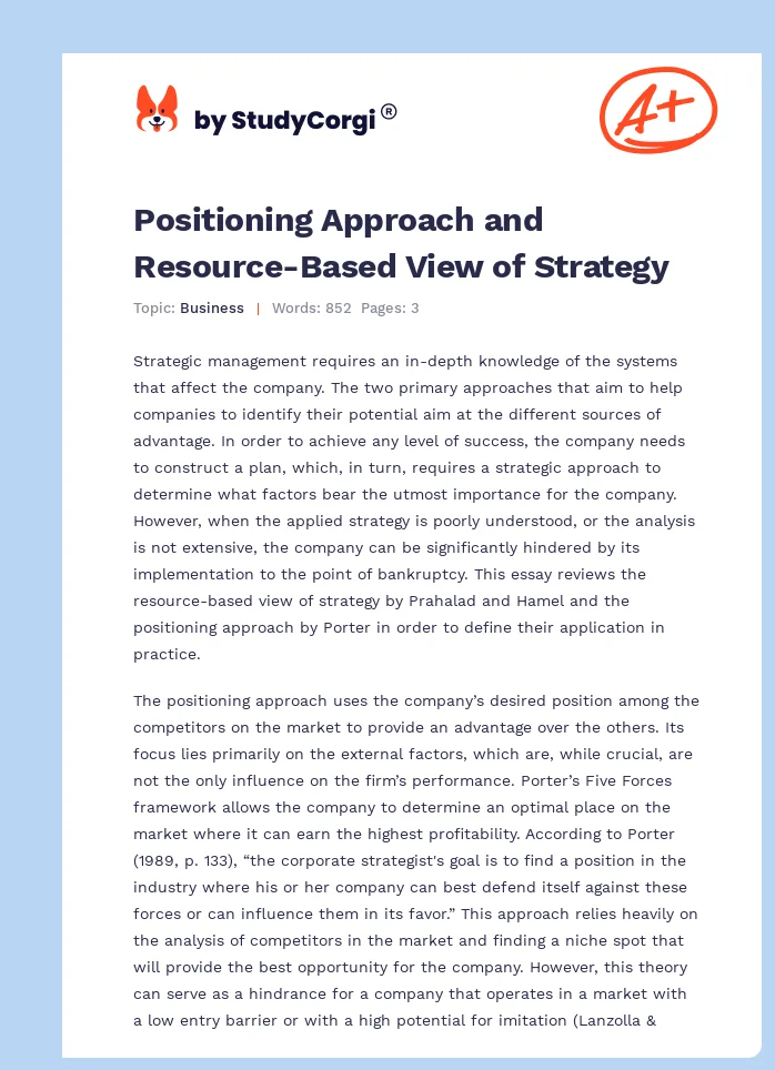 Positioning Approach and Resource-Based View of Strategy. Page 1