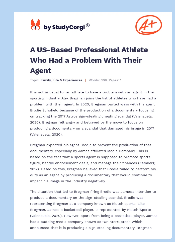 A US-Based Professional Athlete Who Had a Problem With Their Agent. Page 1