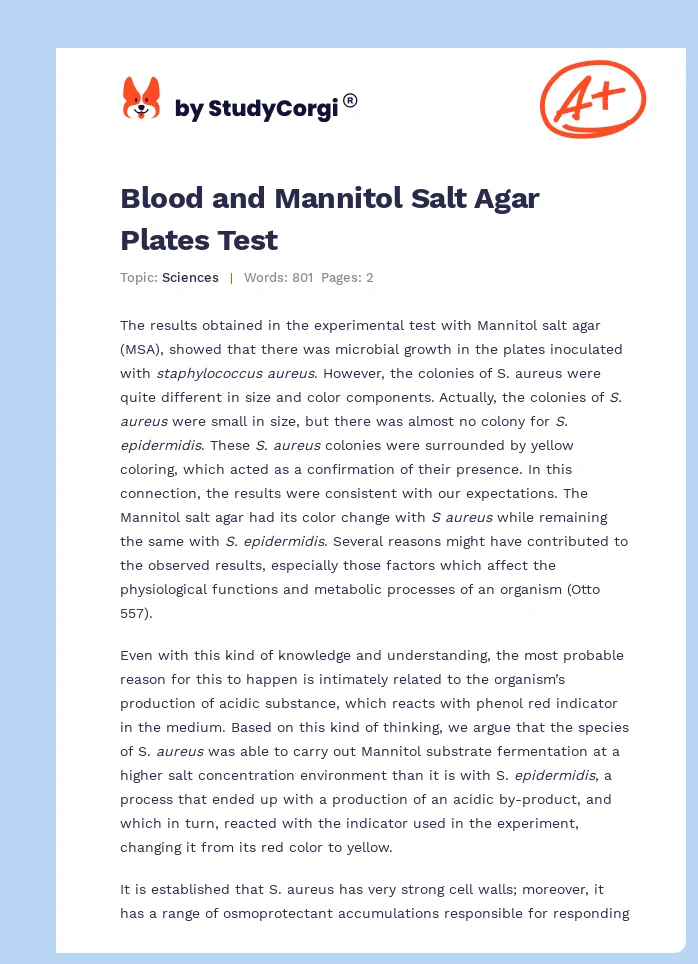 Blood and Mannitol Salt Agar Plates Test. Page 1