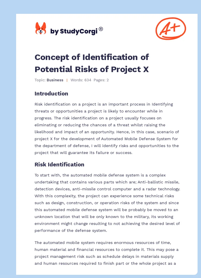 Concept of Identification of Potential Risks of Project X. Page 1
