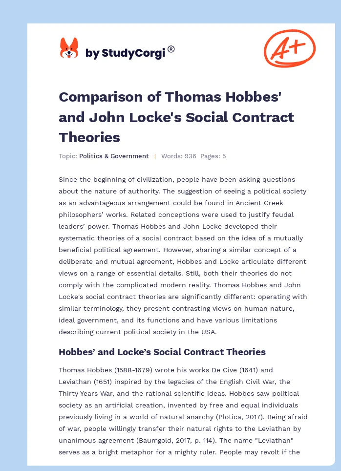 Comparison of Thomas Hobbes' and John Locke's Social Contract Theories. Page 1