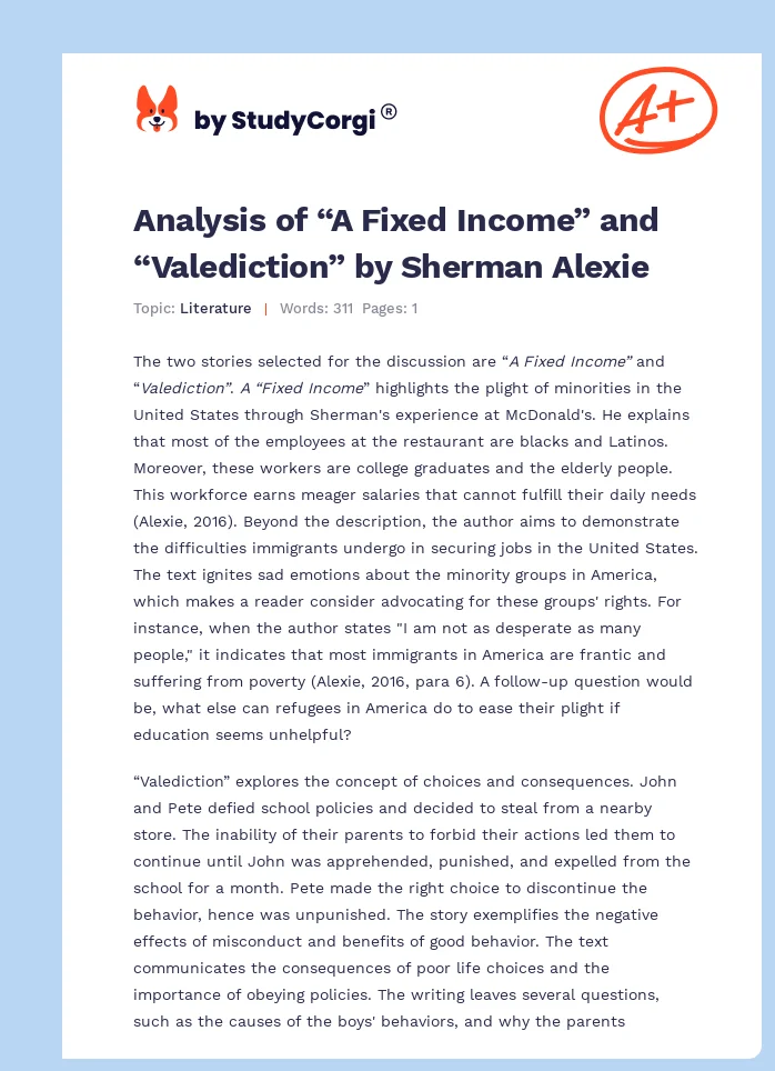 Analysis of “A Fixed Income” and “Valediction” by Sherman Alexie. Page 1