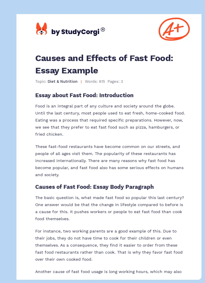 Causes and Effects of Fast Food: Essay Example. Page 1