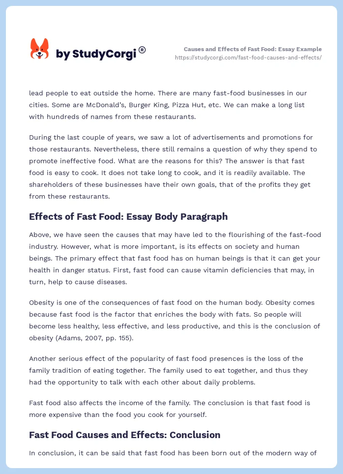 Causes and Effects of Fast Food: Essay Example. Page 2