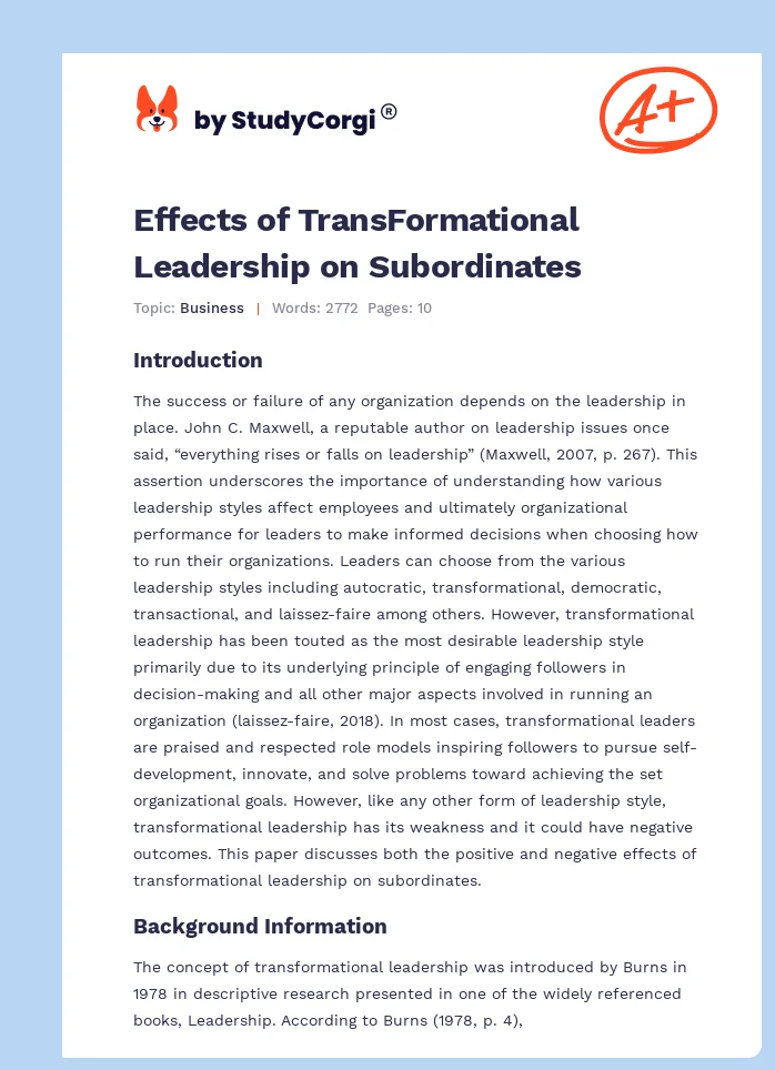 Effects of TransFormational Leadership on Subordinates. Page 1