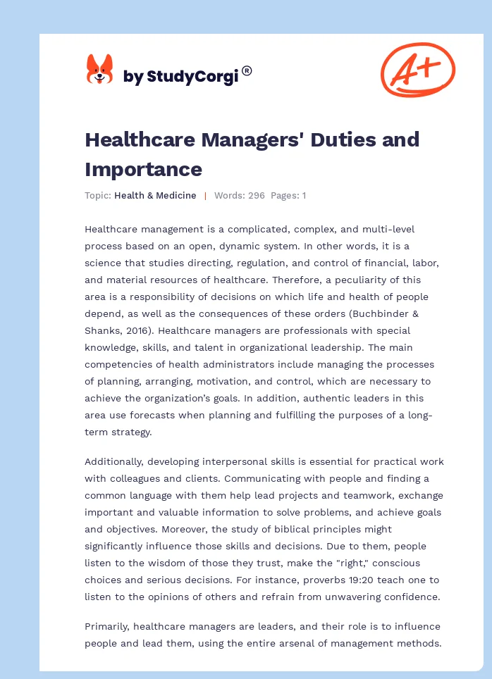 Healthcare Managers' Duties and Importance. Page 1