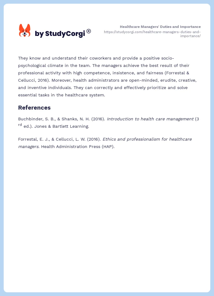 Healthcare Managers' Duties and Importance. Page 2