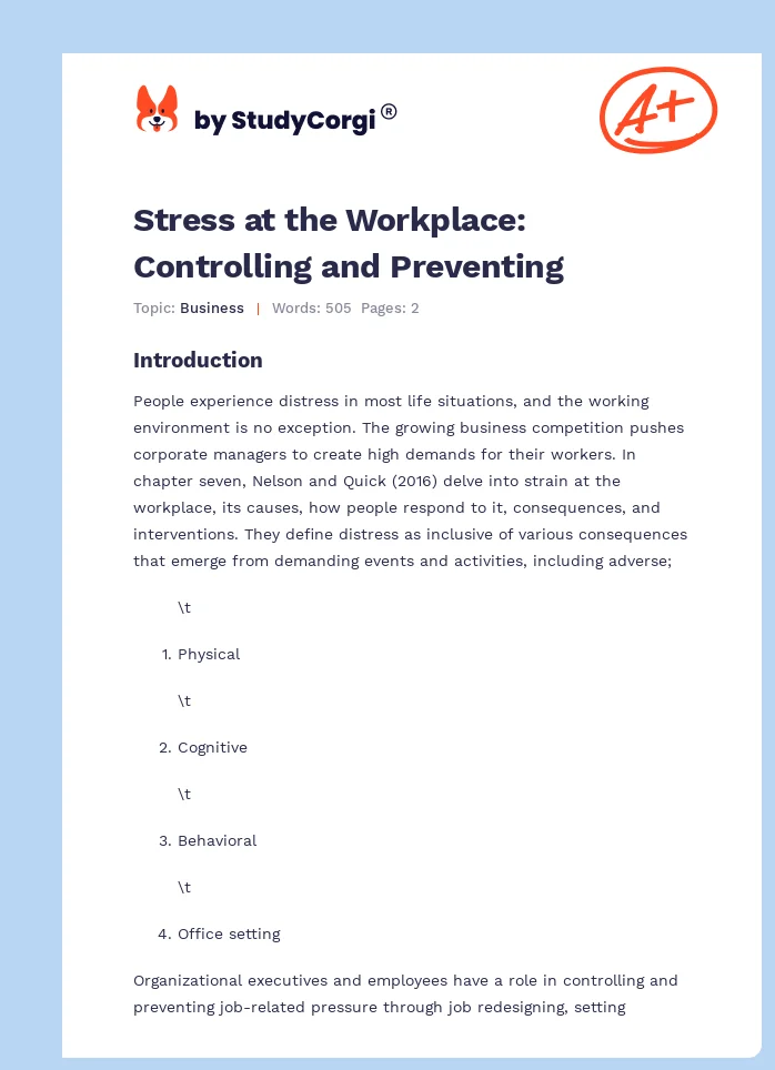 Stress at the Workplace: Controlling and Preventing. Page 1