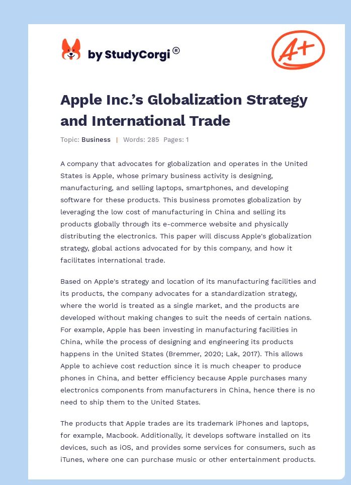 Apple Inc.’s Globalization Strategy and International Trade. Page 1