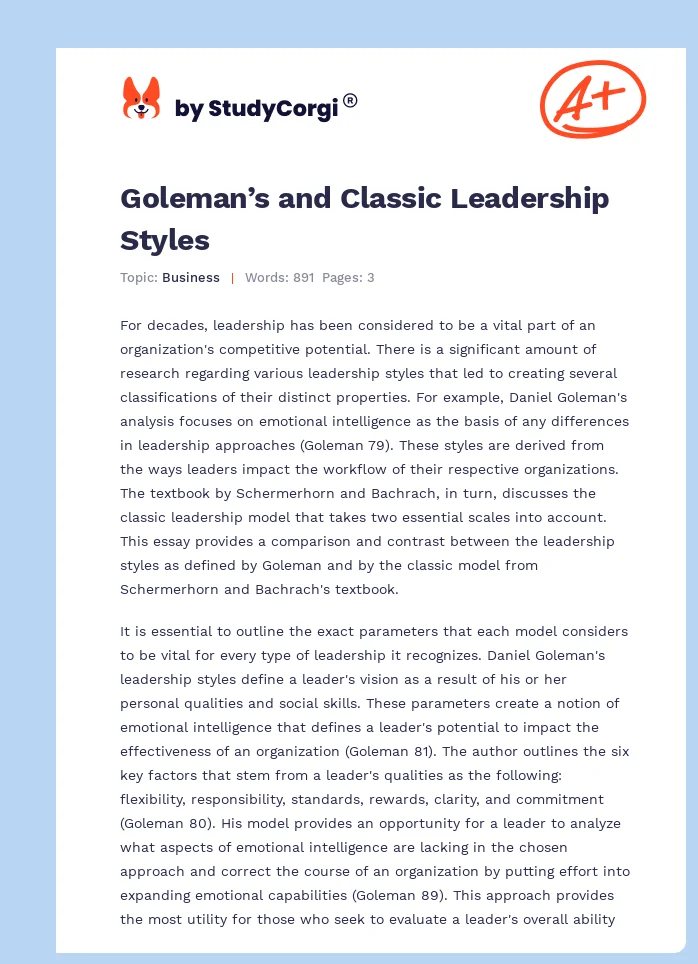 Goleman’s and Classic Leadership Styles. Page 1