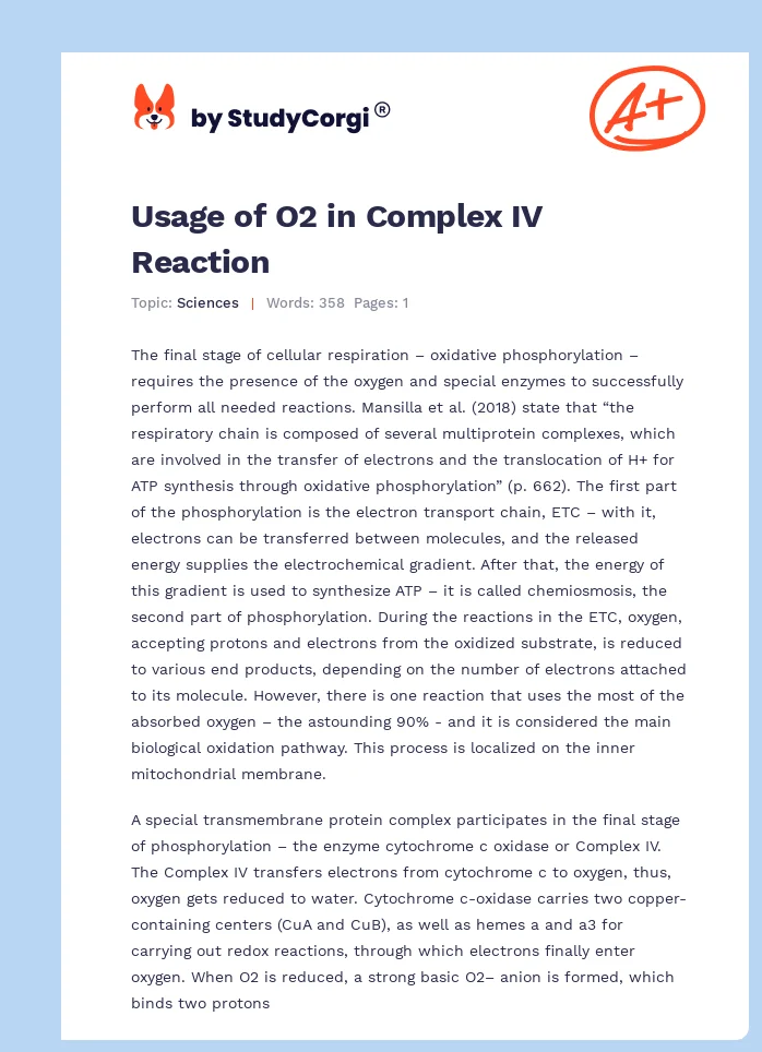 Usage of O2 in Complex IV Reaction. Page 1
