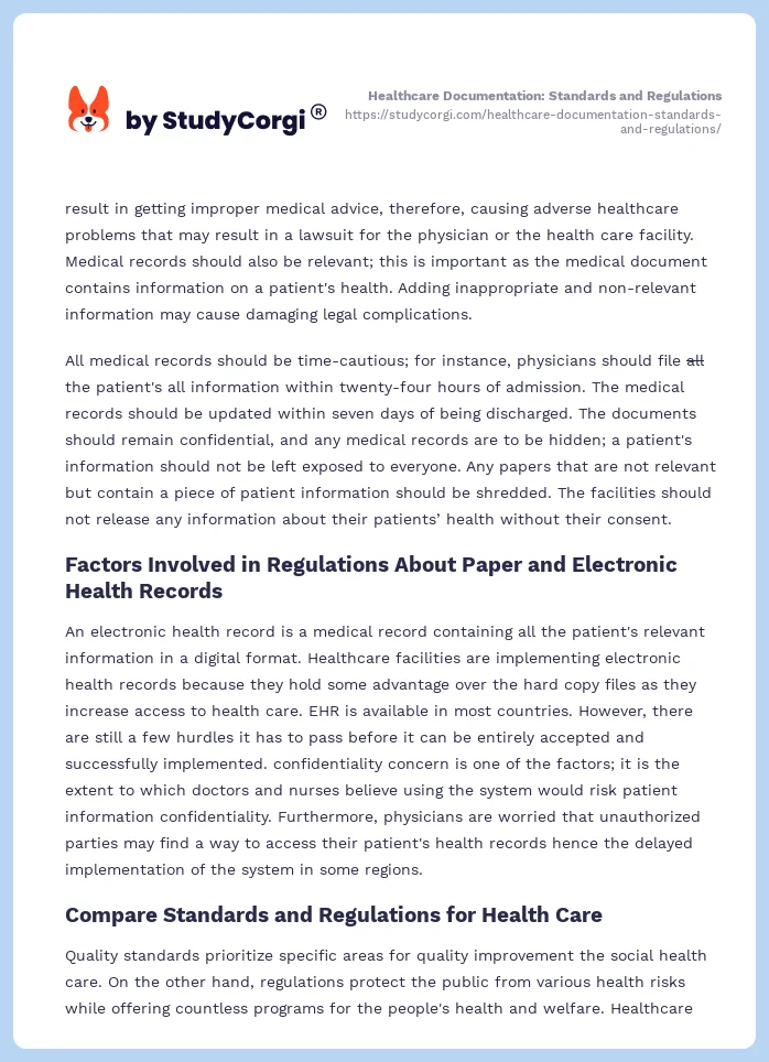 Healthcare Documentation: Standards and Regulations. Page 2