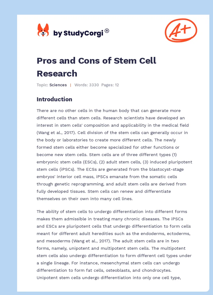 Pros and Cons of Stem Cell Research. Page 1